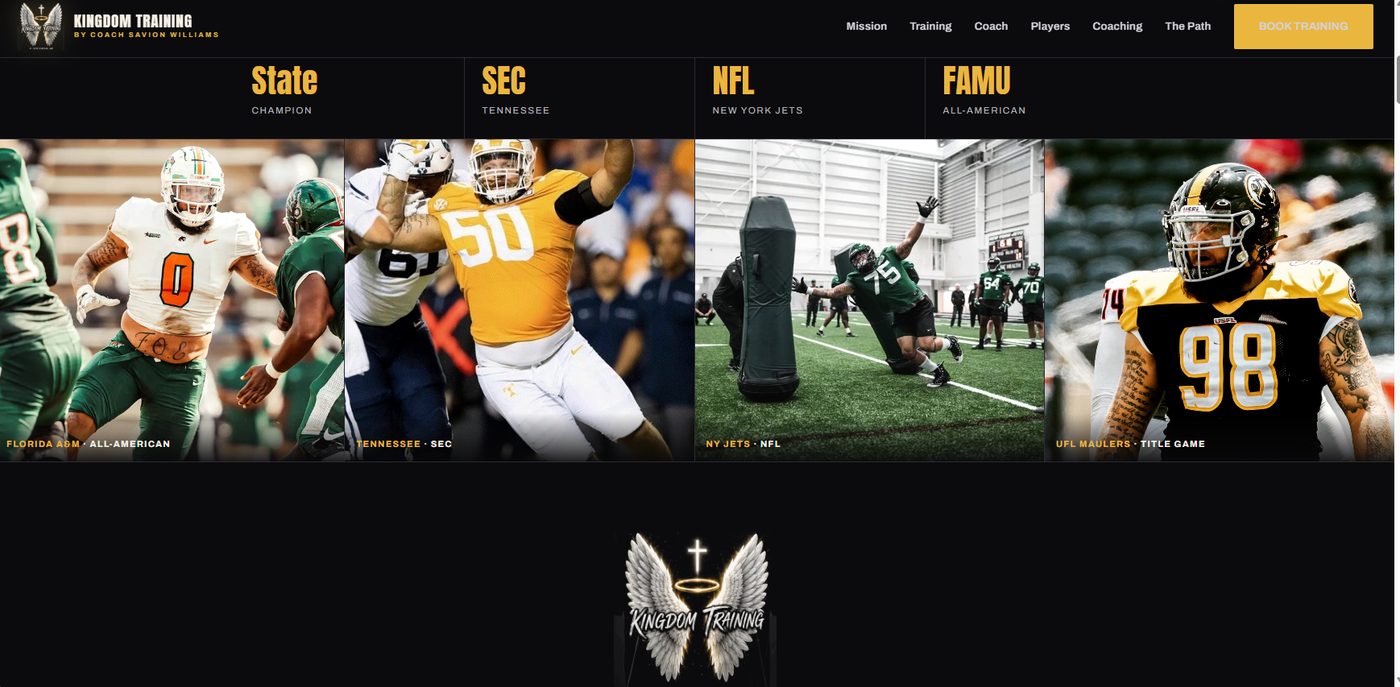 Kingdom Training website credentials and player showcase section
