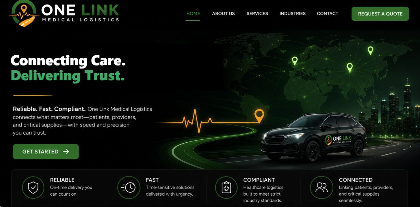 One Link Medical Logistics website hero section: Connecting Care, Delivering Trust