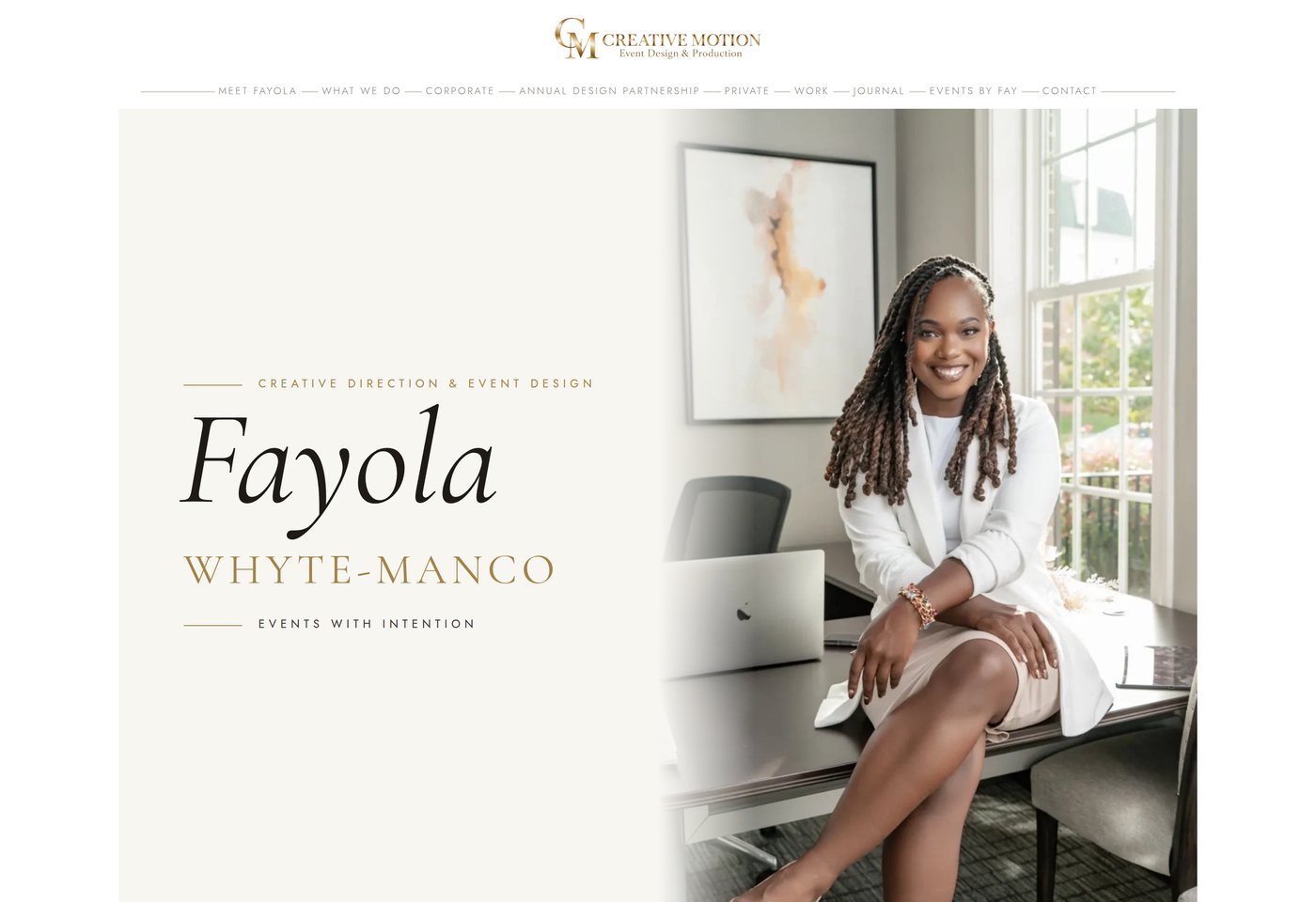 Creative Motion Events homepage hero with the gold logo, Fayola Whyte-Manco, and the rebrand headline